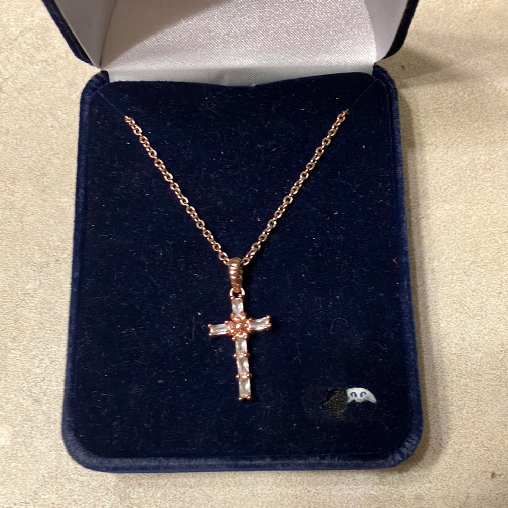 Rose gold and cubic zirconia cross necklace